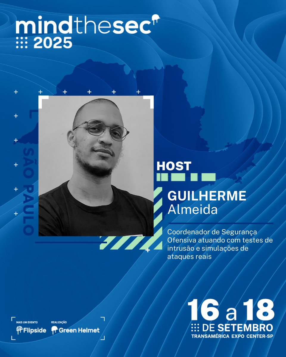 🎤 Conheça mais um host do Mind The Sec 2025!
👉 Guilherme Almeida, Coordenador de Segurança Ofensiva, com experiência em testes de intrusão e simulações de ataques reais, estará conduzindo debates e trocas imperdíveis no maior evento de cibersegurança da América Latina.