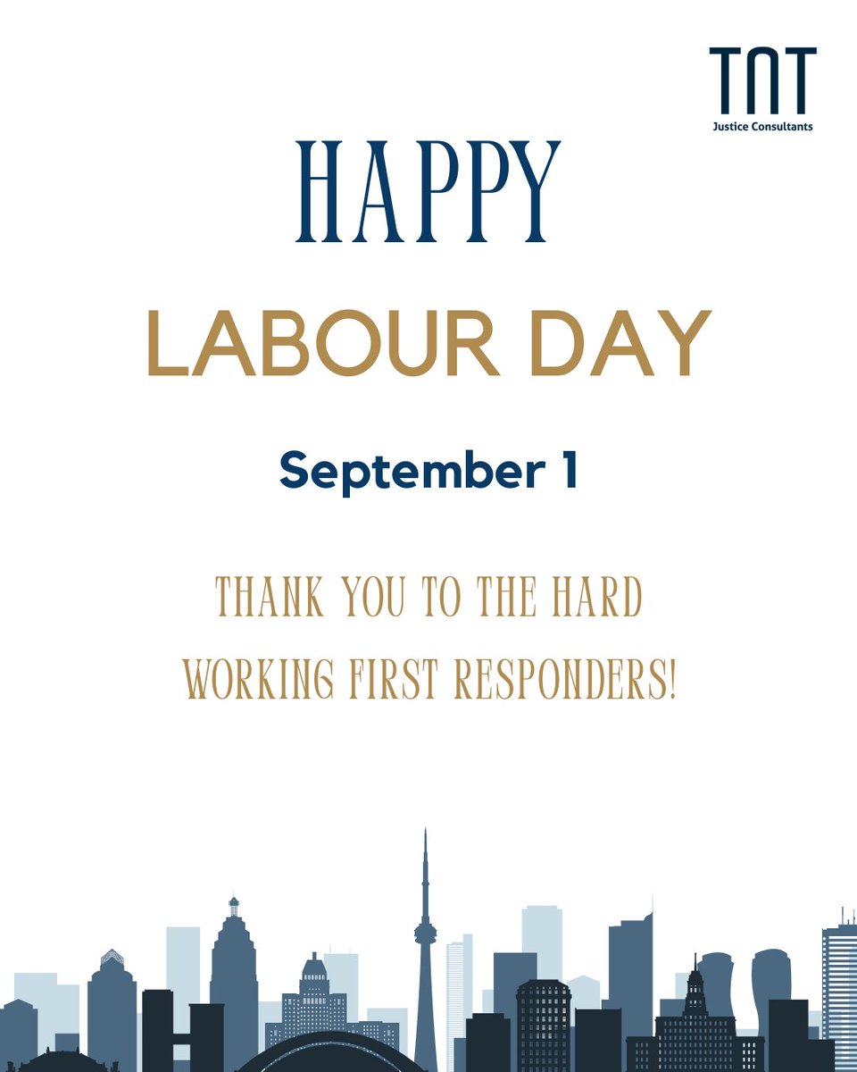 Happy Labour Day from TNT Justice Consultants!
As we take this long weekend to relax &amp; celebrate the hard work &amp; contributions of workers across Canada, we also take a moment to recognize &amp; thank those #firstresponders who keep us safe &amp; don’t get the day off today.
#LabourDay