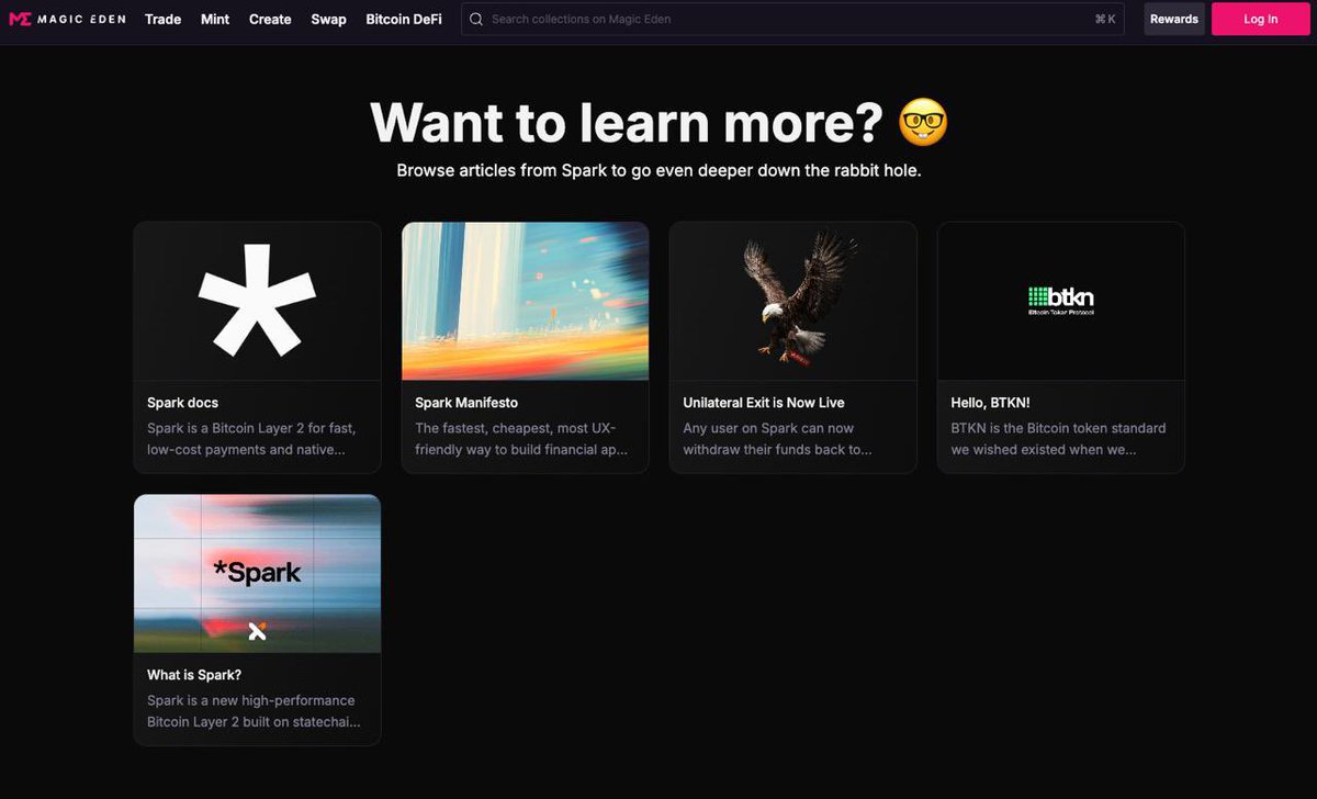 Magic Eden Spark homepage update featuring educational articles