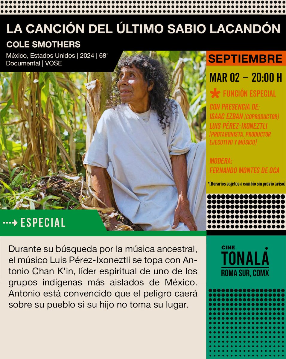 ¡Date una vuelta el próximo martes y acompáñanos en esta función especial! Estará en el Q&amp;A el querido <a href="/IsaacEzban/">Isaac Ezban</a> y Luis Pérez-Ixoneztli (músico).

<a href="/cinetonala/">CINE TONALÁ CDMX</a> a las 8pm
Boletos en cinetonala.mx/movies/la-canc… y taquilla