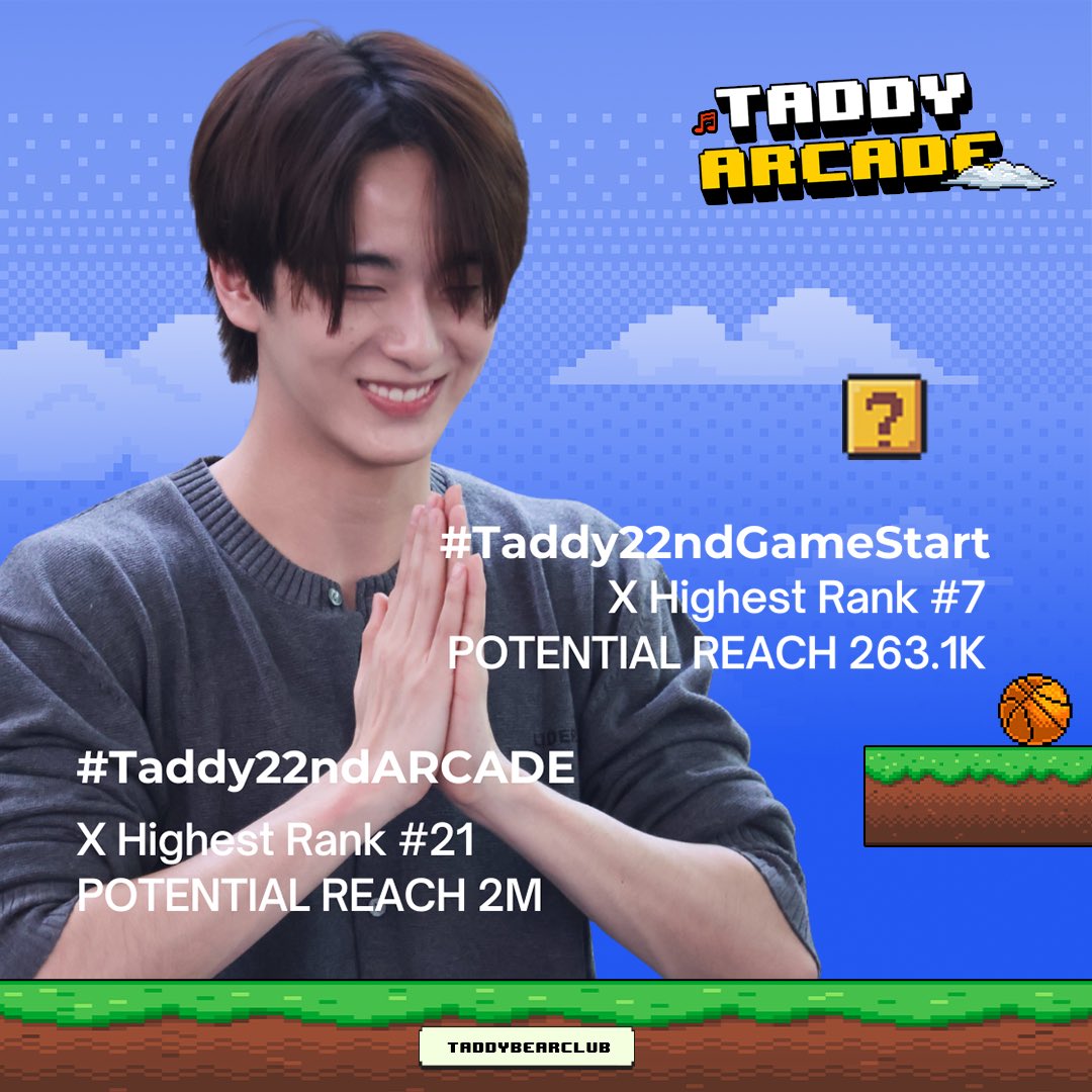 [ 📊 #TadATLAS ] ENGAGEMENT SUMMARY 

#Taddy22ndGameStart 
Highest Rank #7
POTENTIAL REACH : 263.1K

#Taddy22ndARCADE
Highest Rank #21
POTENTIAL REACH : 2M

ทดบค. ขอขอบคุณทุกท่านที่ให้การสนับสนุนโปรเจควันเกิดของน้องแทดในปีนี้ และขอขอบคุณทุกคนที่รักและเอ็นดูน้องแทดนะคะ  ♡︎🧸