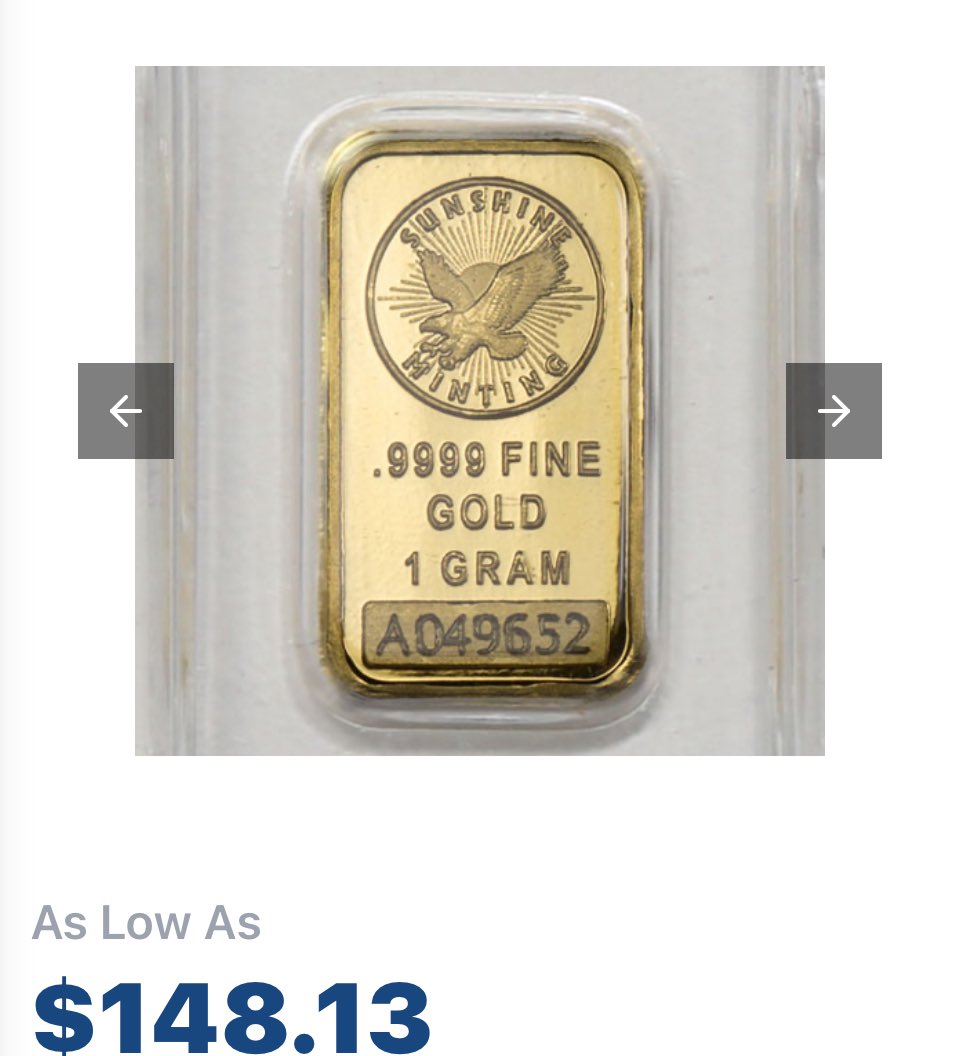 BitGoldMiami's tweet image. If you’re interested in buying gold, @JMBullion has a 1 gram Sunshine Gold Bar for about $150 plus shipping and probably tax.

jmbullion.com/1-gram-sunshin…