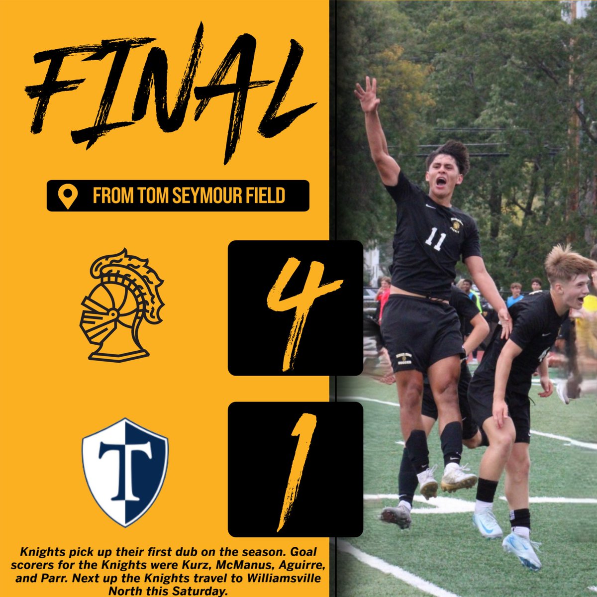 AthleticsMcQ's tweet photo. Knights win! Soccer picks up a nice win in their sloppy wet home opener vs Webster Thomas. Goal scorers were Kurz, McManus, Aguirre, and Parr. Next up they will travel west to Williamsville North this Saturday. #ADMG @secvboyssoccer @primetimeball_ @pickinsplinters @mcquaidjesuit https://t.co/NyWl7BJd28