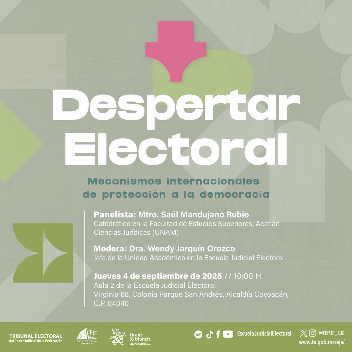 🔎 ¿Cómo se protege la democracia en el mundo?

📢 Acompáñanos en #DespertarElectoral con <a href="/mandujano_saul/">Saul Mandujano Rubio</a>, experto en derecho, y la Dra. <a href="/WenJarquin/">Wendy Jarquín</a> para  analizar mecanismos internacionales de protección.

📆 4 de septiembre | 10:00 h
📍 Escuela Judicial Electoral