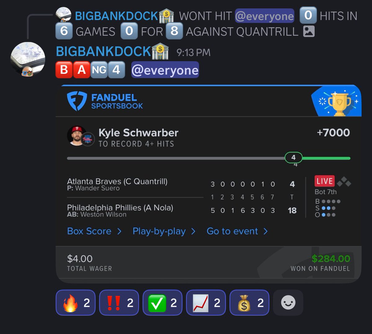 One of My  bros <a href="/Moneymakinmdock/">HEAVYHITTERDOCK🤑</a> in the cord favorites dropped an absolute banger today for the free Kyle hit 4 homers and he cashed 4 hits 🔥🔥🔥💣