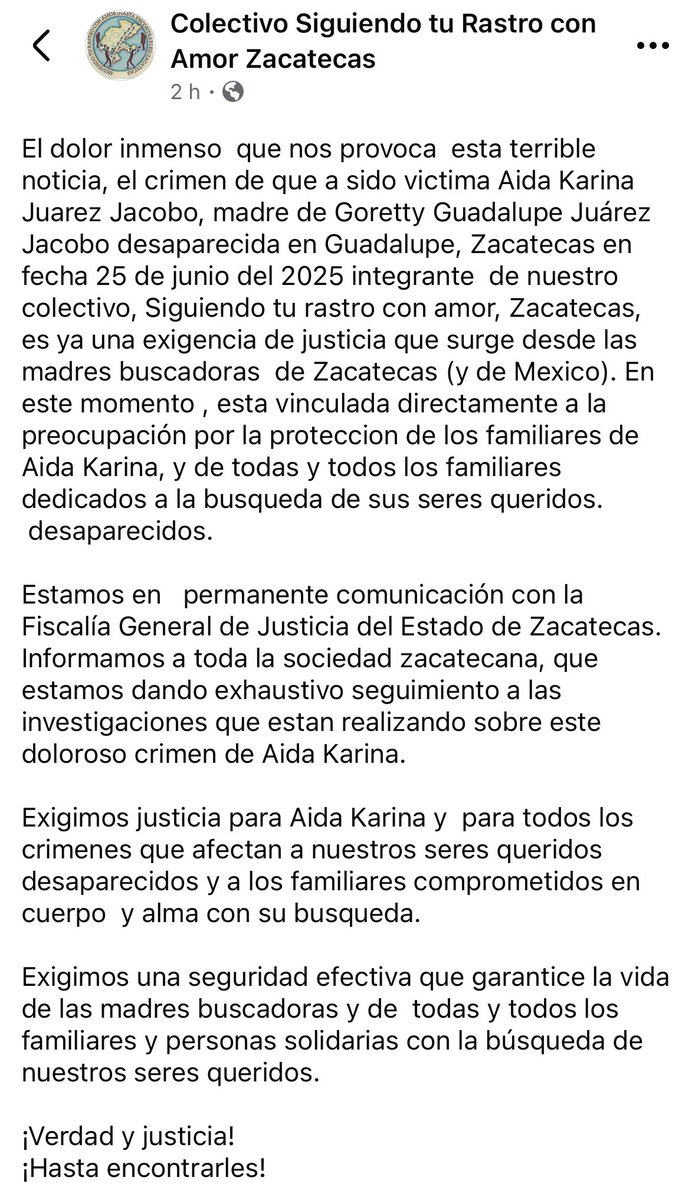 en zacatecas otra madre buscadora ha sido asesinada. no sólo no paran las desapariciones, tampoco paran los asesinatos de quienes buscan