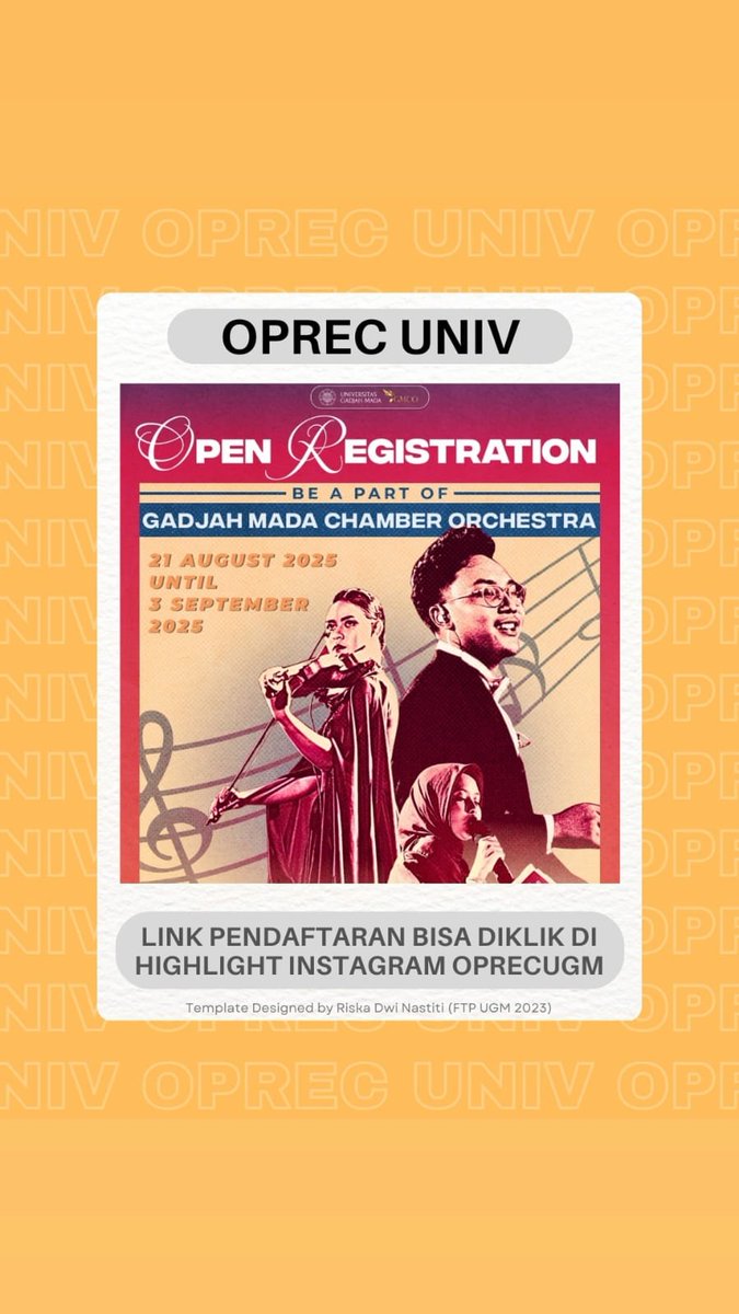 [OPREC GMCO UGM]

✅Kategori: OPREC UNIV.
🗓️Deadline: 3 September 2025
📚Guide: bit.ly/OprecBookletGM…
📌Pendaftaran: bit.ly/OprecGMCO18
📞CP:
🎼 Player: wa.me/+6281326244806 (Amanda)
🎼 Manager: wa.me/+6289638020102 (Izza)
📱Postingan lengkap: instagram.com/p/DN5nSKhEteO/…