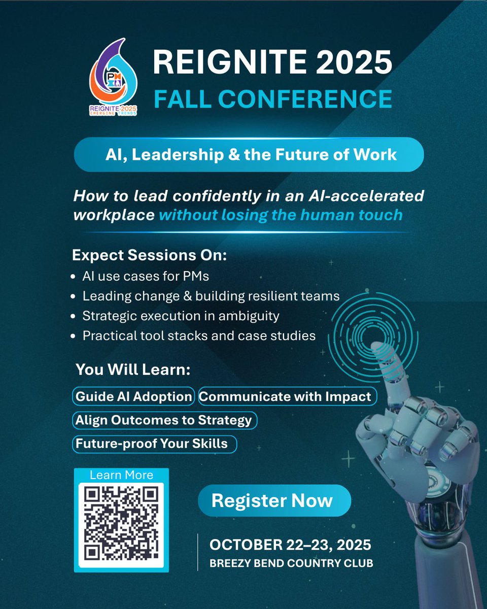 How do you lead confidently in an AI-accelerated workplace without losing the human touch?
That’s the focus of Reignite 2025.

🔗 Save your spot today: pmimanitoba.org/reignite-2025

#PMIManitoba #Reignite2025 #ProjectManagement #WinnipegEvents #ProfessionalGrowth