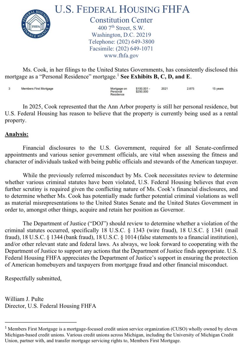 3 strikes and you’re out.

Today, U.S. Federal Housing sent a 2nd Criminal Referral in the matter of Lisa D. Cook, related to a mortgage on a 3rd property and alleged misrepresentations about her properties to the United States Government during her time as Governor of the
