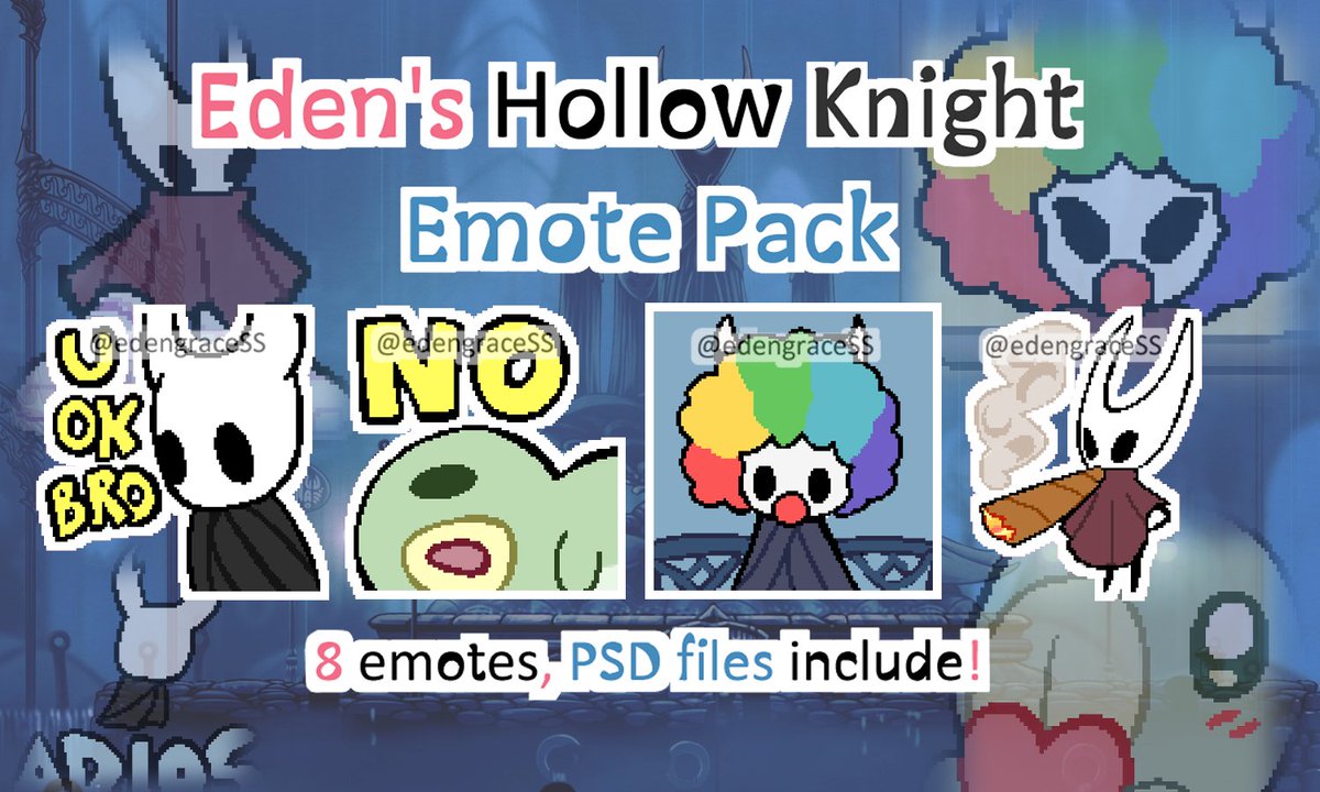 EdengraceSS's tweet photo. Hollow Knight Emote Pack 🪲
can be used for twitch and discord as well!
#VgenStore #HollowKnight https://t.co/9CjZJ3L0YF