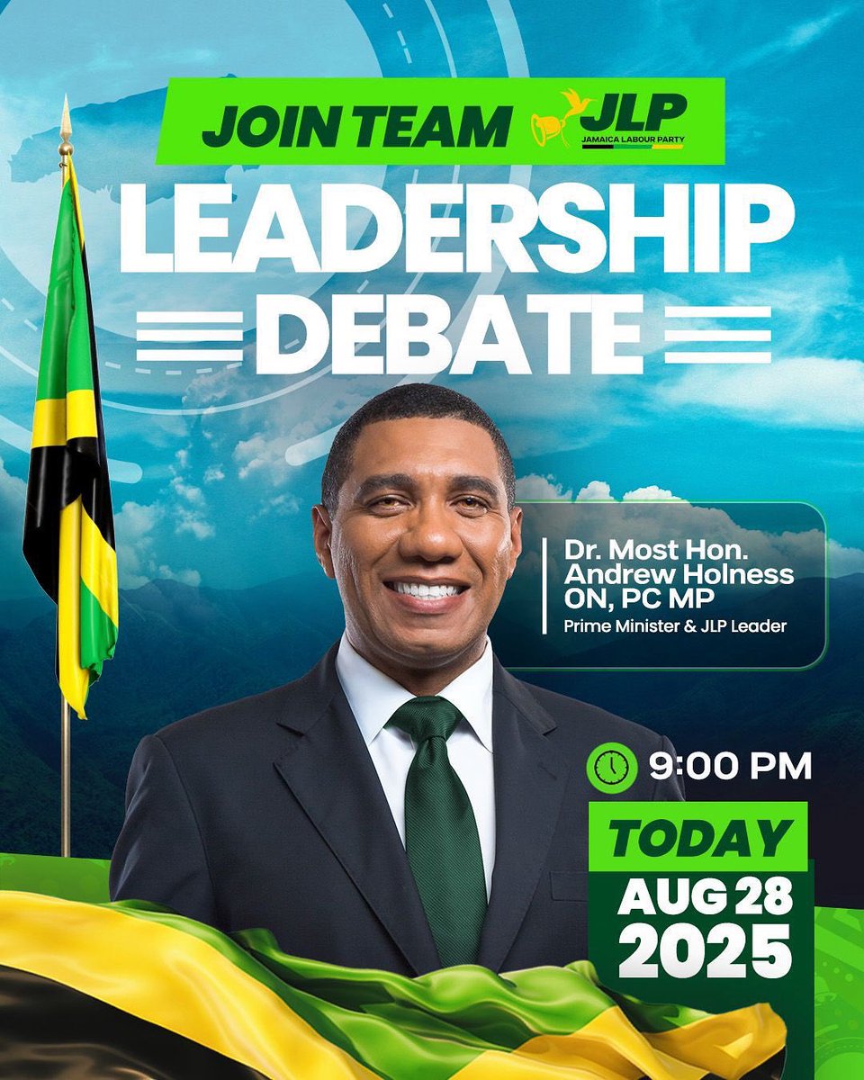 📺🇯🇲 Tune in Tonight!
Join Team JLP as Prime Minister Dr. Andrew Holness takes the stage in the Leadership Debate.

🕘 9:00 PM | Thursday, August 28, 2025
Be informed. Be engaged.

✅ Put your ❎ beside the 🔔 this election!

#teamjlp #andrewholness #robertmiller
#votejlp