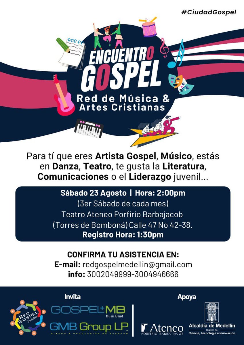 ComiteDistrito's tweet photo. #EncuentroGospel #Agosto #Sabado23 #RedGospelMedellín #GospelMusicBand #GMBGroupLP #GospelParkColombia #CiudadGospel
La Red de Música &amp; Artes Cristianas volvió con el Encuentro Gospel el 3er Sábadode cada mes 2PM. Te esperamos!
@GospelColombiia @Gospel_Colombia @ComiteDistrito https://t.co/HYFhfOLUPl