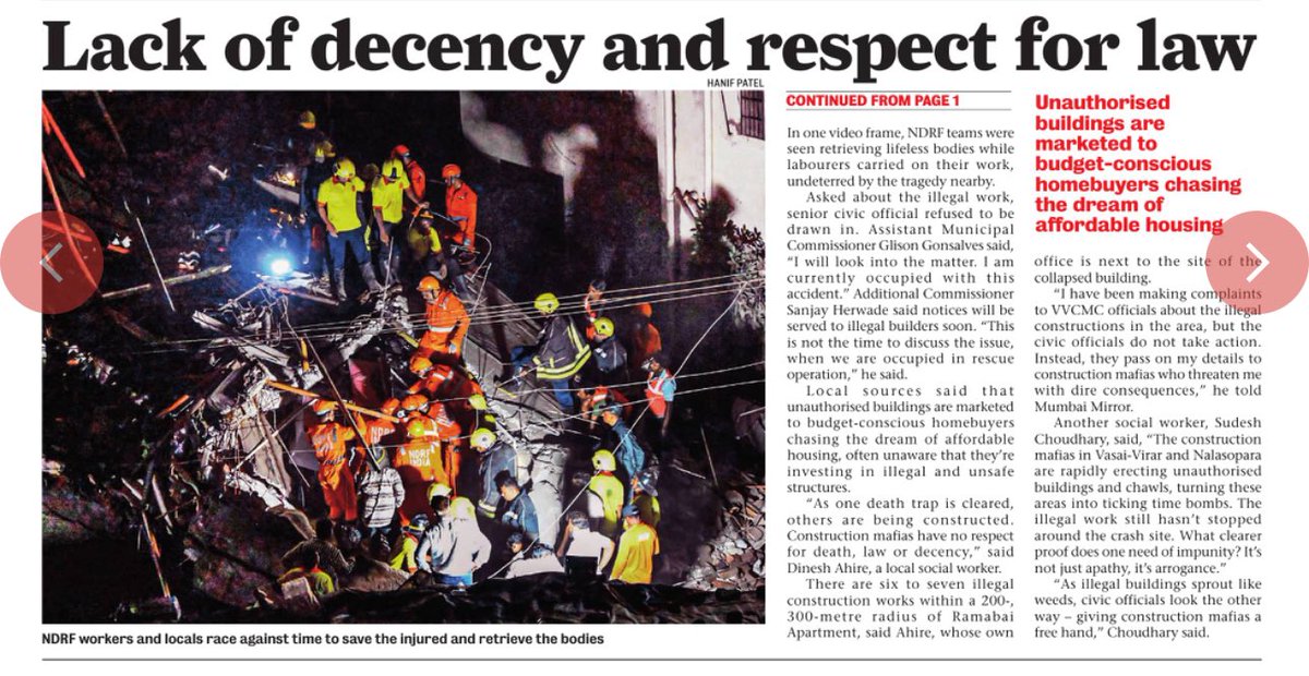 DiwakarSharmaa's tweet image. ‘As one #DEATH_TRAP is cleared, several more are being built’

Construction labourers continue work on illegal buildings as metres away @NDRFHQ members claw through rubble and families wait for news of their loved ones in #Virar.

#BuildingCollapse toll up to 17; builder arrested