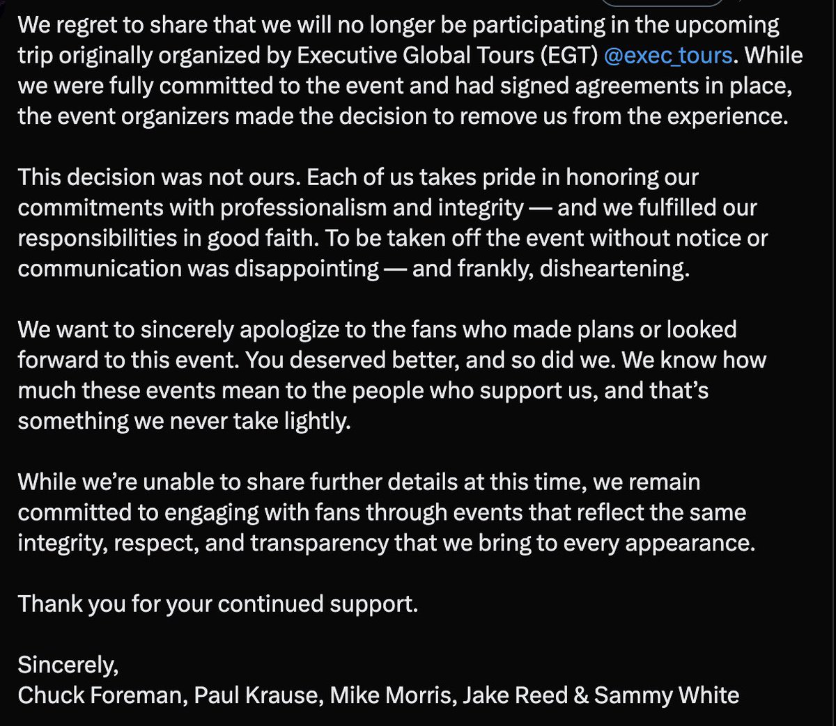 SuperStarMM68's tweet photo. We regret to share that we will no longer be participating in the upcoming trip originally organized by Executive Global Tours (EGT). While we were fully committed to the event and had signed agreements in place, the event organizers made the decision to remove us. https://t.co/Yonk12JYXq