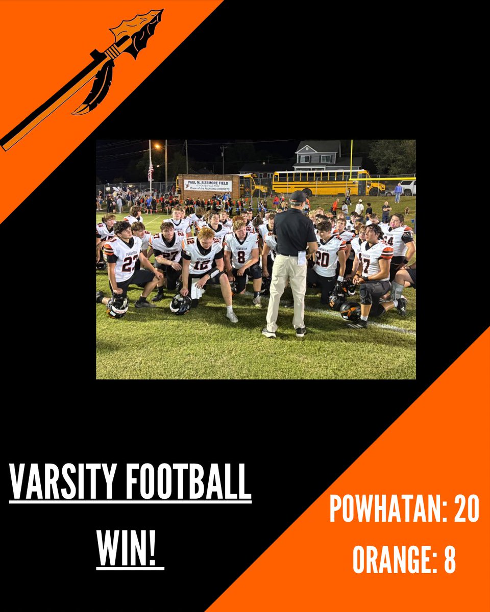 powhatanhsath's tweet photo. FINAL FROM ORANGE! 
Powhatan- 20 
Orange- 8

Congrats to Head Coach George Bland on picking up his first win as the Indians coach. His players and staff put together an awesome collective effort to get the job done tonight. Well done boys, onto the home opener next week! https://t.co/tlhRKH7Wjg