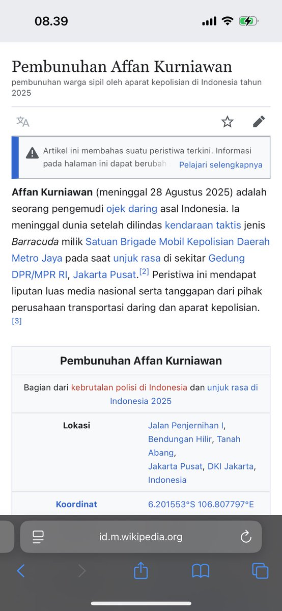 Udah tercatat di wiki, sebagai kasus pembunuhan warga sipil oleh aparat kepolisian Republik Indonesia. Kekal namamu, Mas Affan. Al Fatihah. 🕊️ #menolaklupa #ACAB