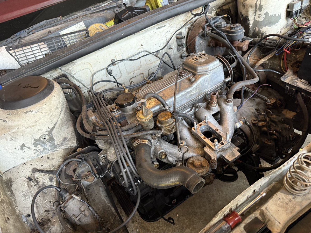 Tidied up my hoses and wires. Got the last of everything bolted into its place. 

If the carb shows up tomorrow or Saturday for me then I’ll be able to start the car and move it under its own power.