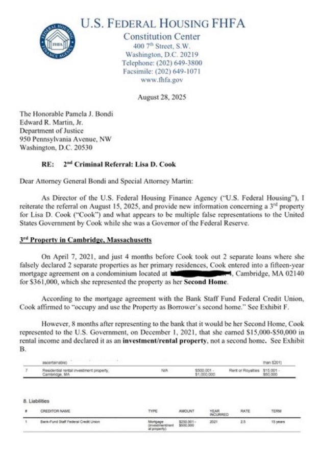 Eric Daugherty (@ericldaugh) on Twitter photo 🚨 BREAKING: FHFA Director Bill Pulte has filed ANOTHER CRIMINAL REFERRAL against Democrat Federal Reserve Governor Lisa Cook over mortgage fraud on a 3rd property, and misrepresentations about her properties to the U.S. government while serving on the Fed Board.
Holy crap. Bill 🚨 BREAKING: FHFA Director Bill Pulte has filed ANOTHER CRIMINAL REFERRAL against Democrat Federal Reserve Governor Lisa Cook over mortgage fraud on a 3rd property, and misrepresentations about her properties to the U.S. government while serving on the Fed Board.
Holy crap. Bill