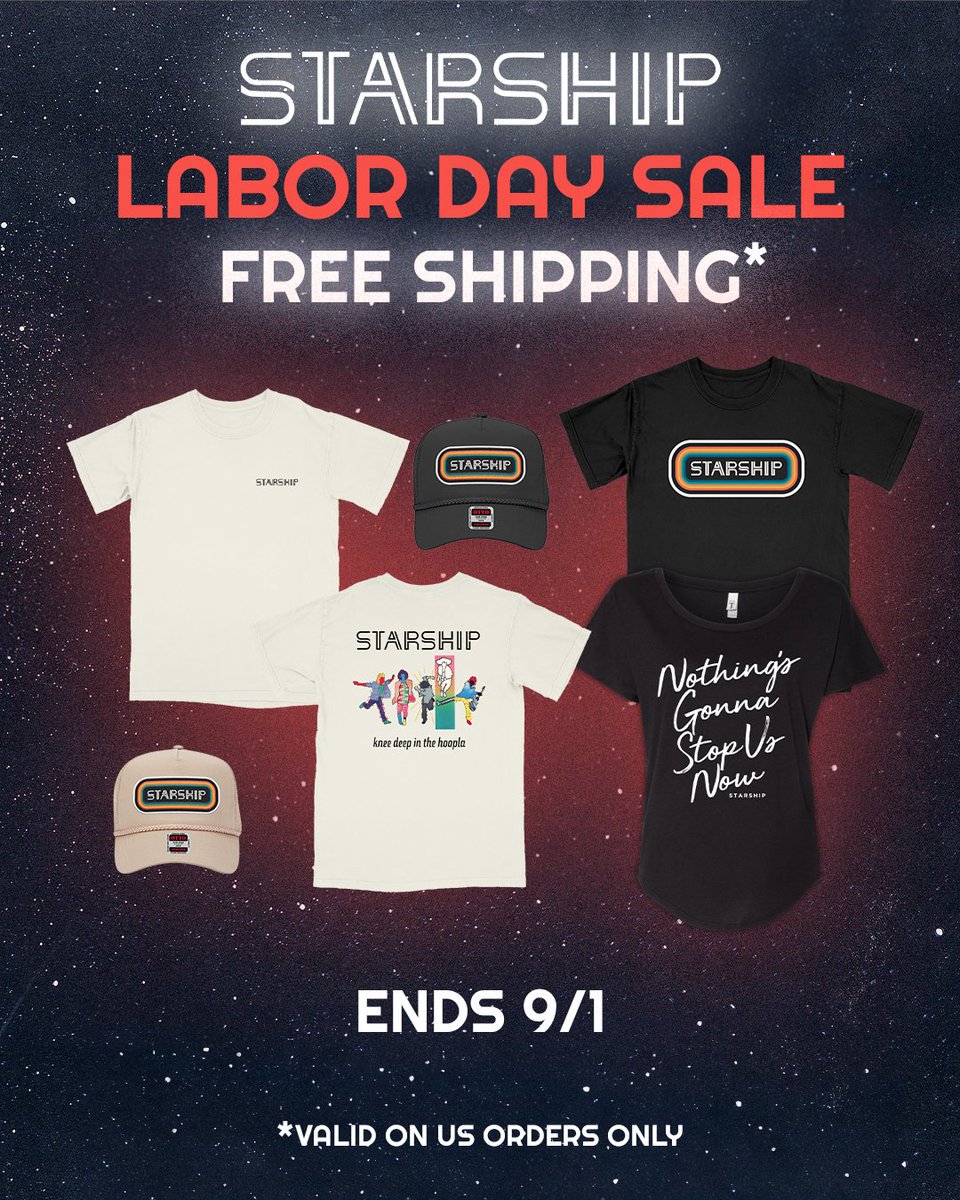 StarshipControl's tweet image. FREE SHIPPING on STARSHIP merch! Labor Day deal through 9/1! Shop here: starship.merchmadeeasy.com

#starship #merch #labordaysale #80s