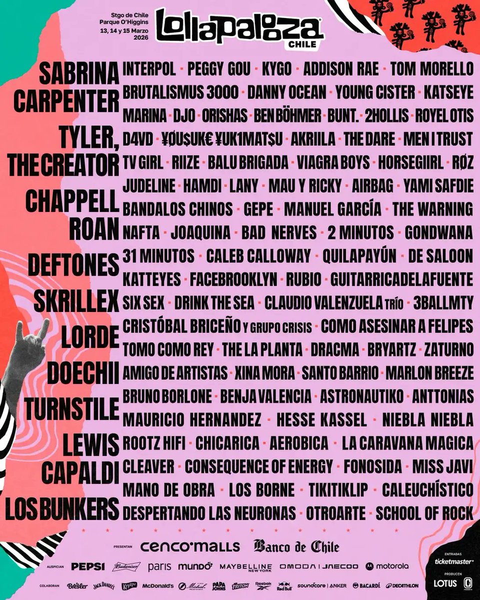 Ya puedes revisar los artistas que se presentarán en Lollapalooza Chile 2026. 

Entre los que vienen están Sabrina Carpenter, Lorde, Deftones y Chappel Roan + los nacionales Los Bunkers, Gepe, Rubio, Tomo Como Rey y 31 Minutos.

👉 Detalles en tinyurl.com/2uhe8un2 

#AgendaCL