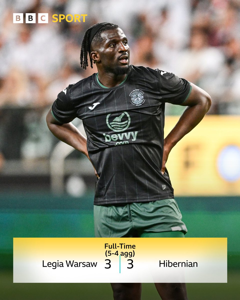 Hibernian's European journey is over.

David Gray's men had completed a remarkable turnaround to lead the tie but conceded a 93rd minute equaliser before Legia Warsaw sealed their win in extra-time.

#BBCFootball