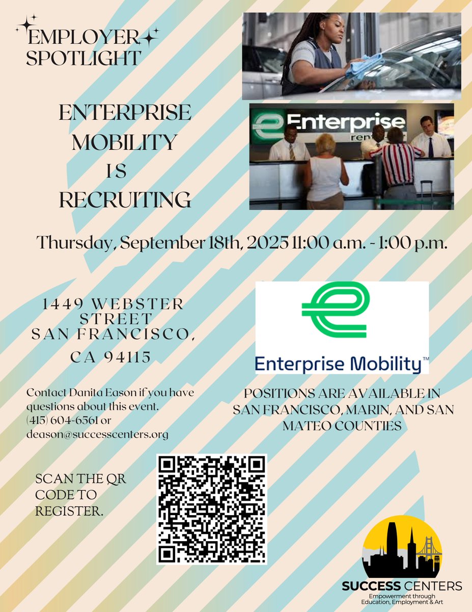 Join us for an Employer Spotlight featuring Enterprise Mobility! Learn about positions in San Francisco, San Mateo County, and Marin County.  See the flyer for more information.