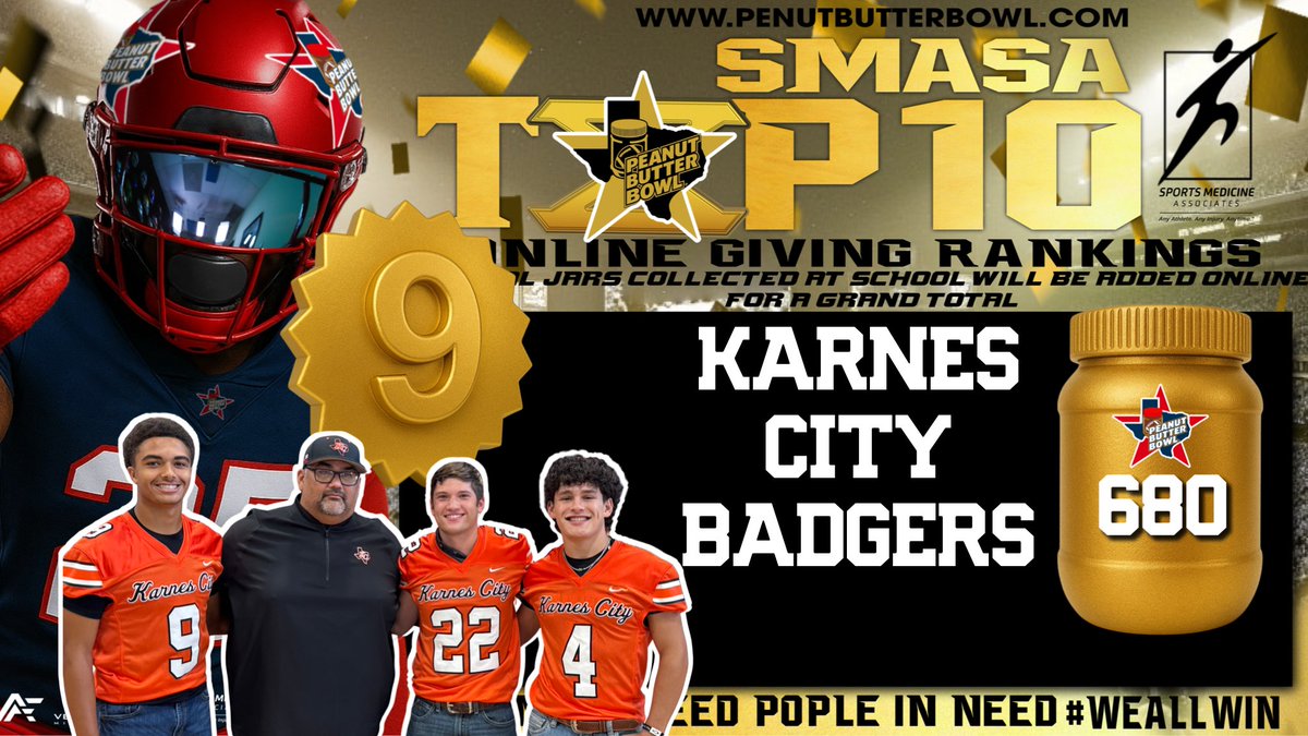 Peanut Butter Bowl (@peanutbutterbwl) on Twitter photo SMASA Top 25 Online Rankings today 8/28* However <a href="/KarnesCityISD/">Karnes City ISD</a> we had to compile rankings before some very generous giving came in... So we expect you to move up signficantly for FINAL rankings reveal: 9/4 Thursday. Giving online closes Sat. Midnight 8/30: SMASA Top 25 Online Rankings today 8/28* However <a href="/KarnesCityISD/">Karnes City ISD</a> we had to compile rankings before some very generous giving came in... So we expect you to move up signficantly for FINAL rankings reveal: 9/4 Thursday. Giving online closes Sat. Midnight 8/30: