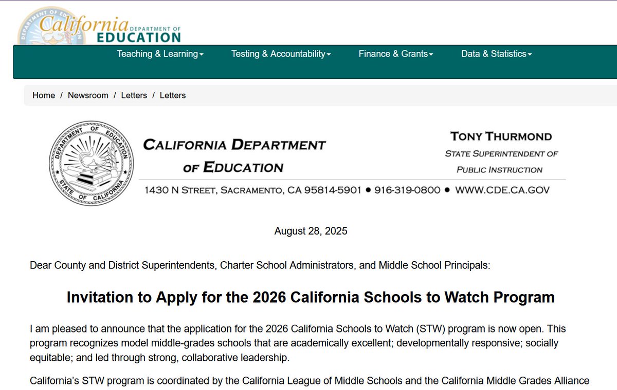 JoinCLMS's tweet image. 📢 Big news from the CDE! SSPI Tony Thurmond is encouraging middle schools to apply for Schools to Watch. Applications for 2026 are due October 1, 2025. It’s a quick turnaround, but definitely doable. Not ready yet? Start now and plan to apply next year: zurl.co/bKNpX