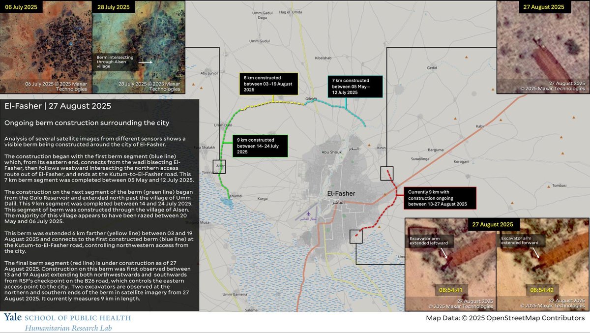 RSF completed 31+ km of berms walling in El-Fasher, w/ total control of population flow into/out of the city. RSF has created a literal kill box. Damage IDed to the El-Fasher Water Provision Authority threatens precarious health conditions
🛰️ <a href="/Maxar/">Maxar Technologies</a> medicine.yale.edu/lab/khoshnood/…