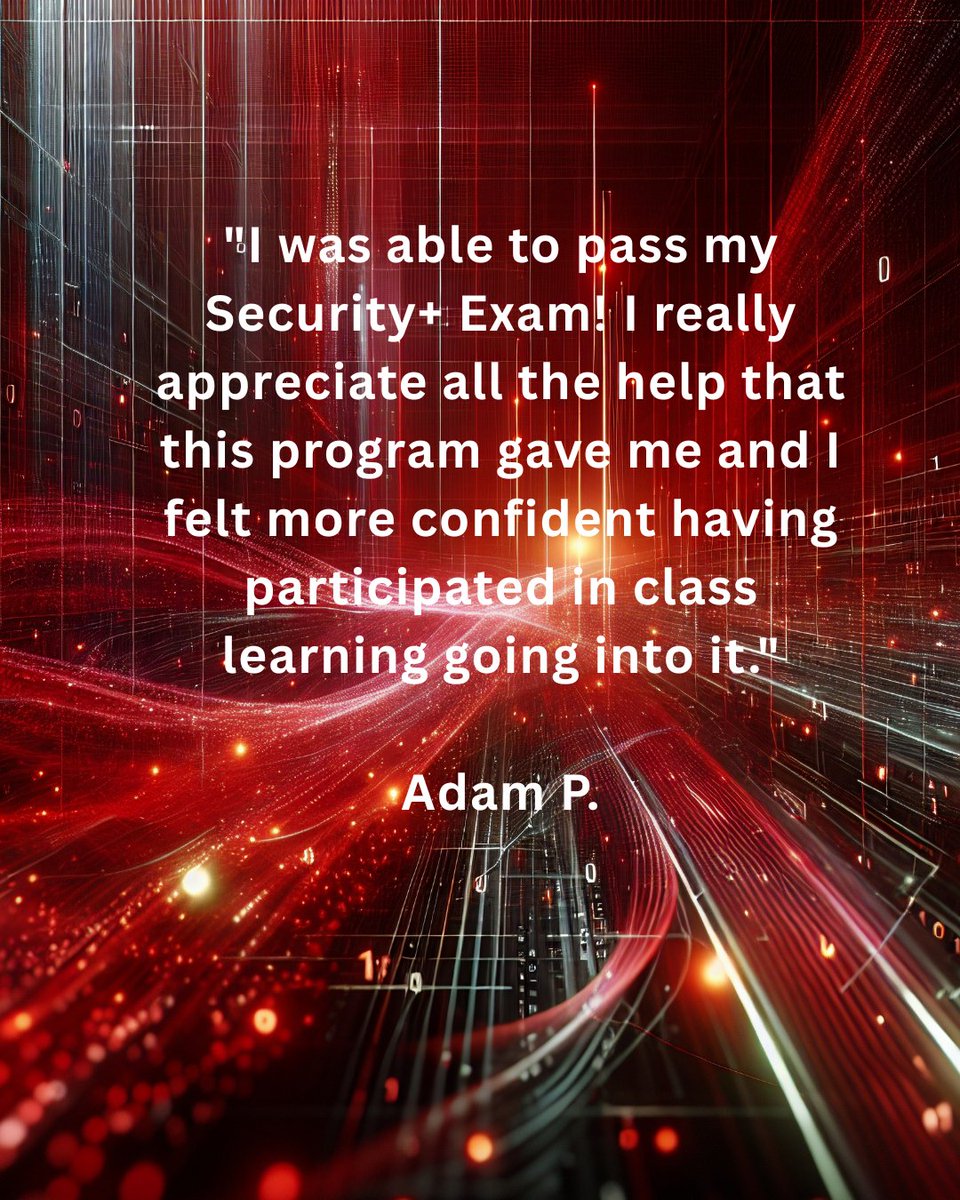 PCATTTweet's tweet image. What a win! Adam P. just passed his CompTIA Security+ exam, a key certification for IT pros. Way to go, Adam! Read his testimonial. #CareerGoals #ITIndustry #SecurityPlus