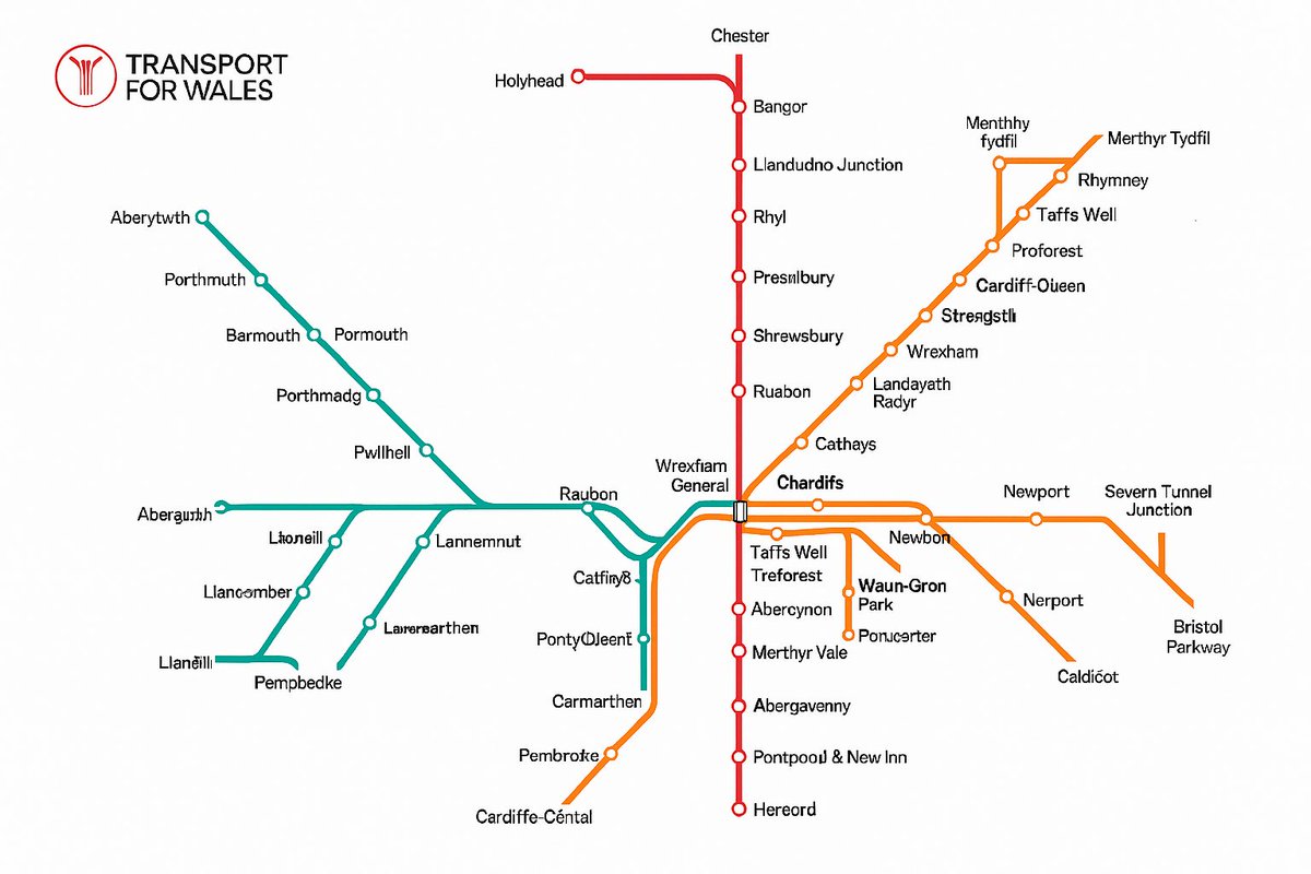 Playing around with CoPilot tonight, I asked it to draw me a simplified schematic map of <a href="/tfwrail/">Trafnidiaeth Cymru Trenau Transport for Wales Rail</a> services, highlighting Cardiff routes. This was what it came up with🤣.