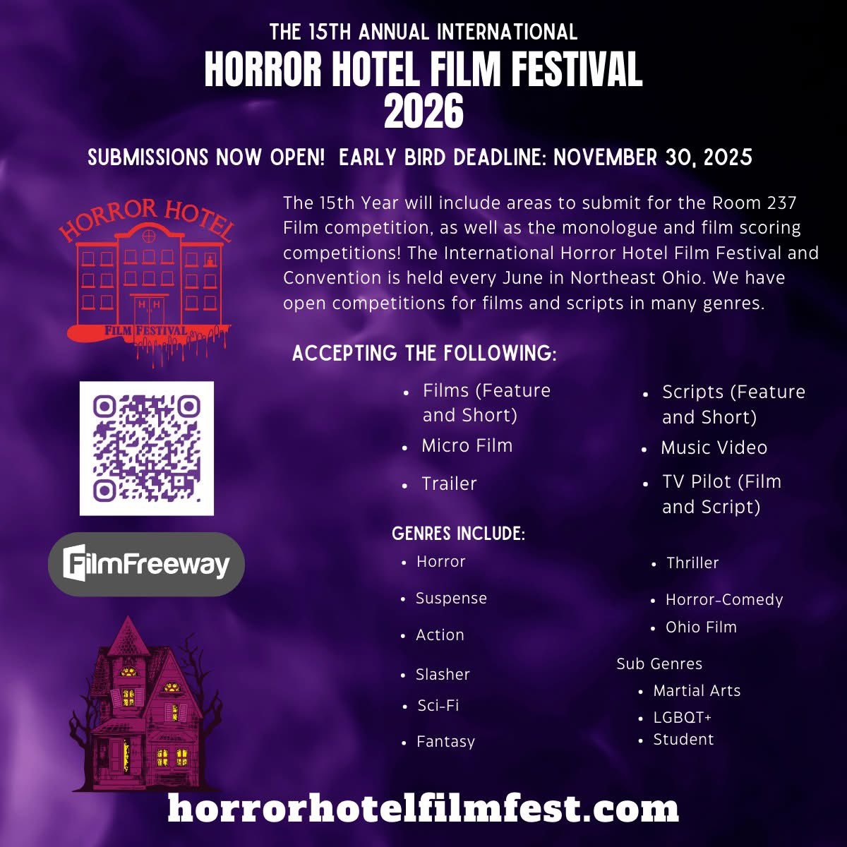 Submissions are officially open for the 15th Annual Horror Hotel Film Festival.

More genres, as well as made it easier when it comes to classifying what your film or script might fall under on Film Freeway. Early Bird Deadline ends November 30th!
filmfreeway.com/HorrorHotel