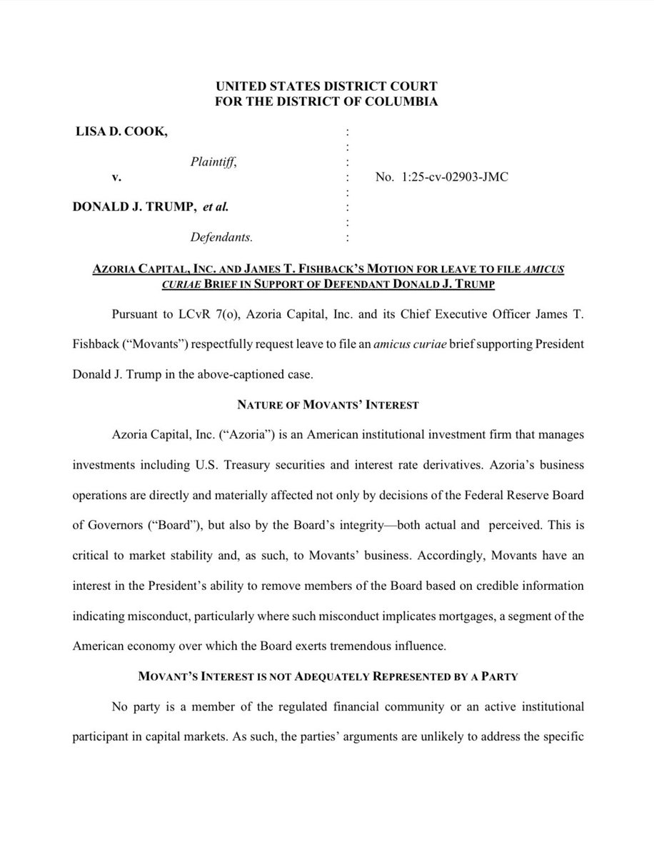 I just filed an emergency motion in Cook vs. Trump to submit a third-party ‘amicus brief’ defending President Trump’s clear authority to fire former Fed Governor Lisa Cook—and to make clear that the economy and markets would face serious peril if the President of the United