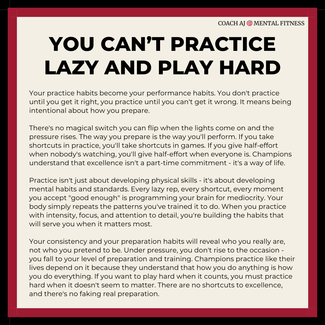 Coach AJ ๐ฏ Mental Fitness (@coachajkings) on Twitter photo ๐๐ง๐ ๐จ๐ ๐ญ๐ก๐ ๐จ๐ฅ๐๐๐ฌ๐ญ ๐๐จ๐๐๐ก๐ข๐ง๐ ๐ญ๐ซ๐ฎ๐ญ๐ก๐ฌ ๐ญ๐ก๐๐ซ๐ ๐ข๐ฌ:
YOU CAN'T PRACTICE LAZY AND PLAY HARD.
Your habits don't magically change when the lights come on.
Success starts with how you prepare and put in the work. ๐๐ง๐ ๐จ๐ ๐ญ๐ก๐ ๐จ๐ฅ๐๐๐ฌ๐ญ ๐๐จ๐๐๐ก๐ข๐ง๐ ๐ญ๐ซ๐ฎ๐ญ๐ก๐ฌ ๐ญ๐ก๐๐ซ๐ ๐ข๐ฌ:
YOU CAN'T PRACTICE LAZY AND PLAY HARD.
Your habits don't magically change when the lights come on.
Success starts with how you prepare and put in the work.