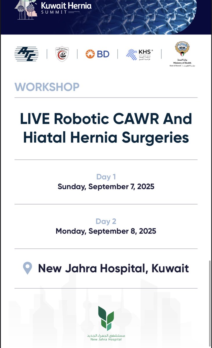 “Join us at the 1st Kuwait Hernia Summit! A unique opportunity for surgeons, organized by Al Jahra Hospital in collaboration with the Kuwait Hernia Society.”