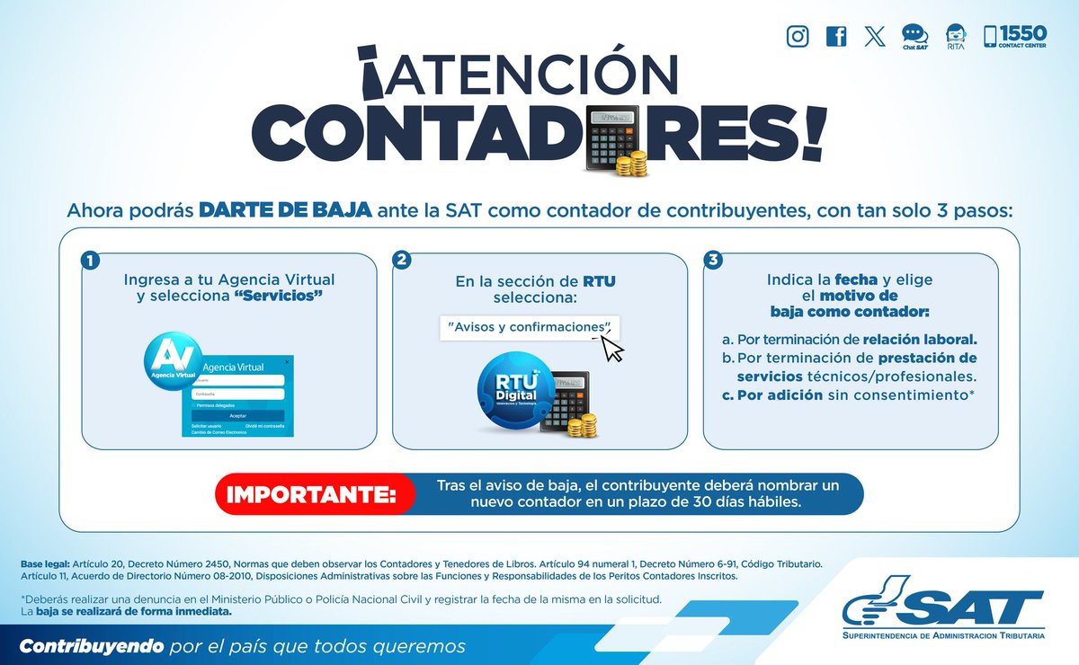 SATGT's tweet photo. ✅ ¡Atención!

Si eres Contador Público podrás darte de baja ante la #SAT como contador de contribuyentes.

Aquí te mostramos cómo hacerlo ➡️ https://t.co/cEVyXo7awG https://t.co/PX4Zfi35VG