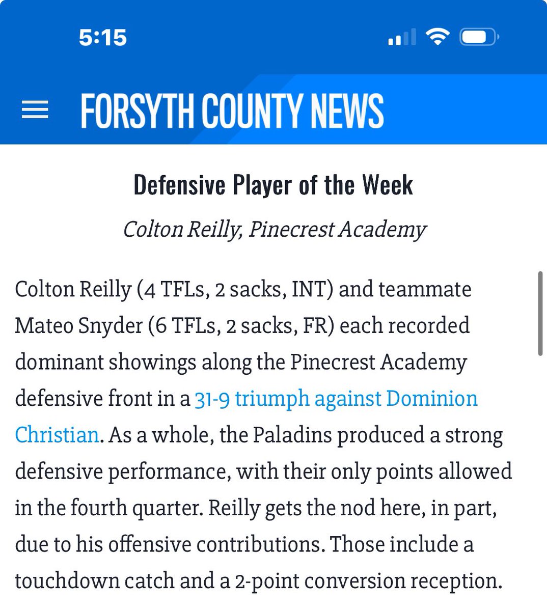 Grateful to be named the County Defensive Player of the Week!

<a href="/PinecrestAcadem/">Pinecrest Academy</a> 
<a href="/CarsonAdams70/">Carson Thomas Adams</a> 
<a href="/ForsythSports/">FCN Sports</a> 
<a href="/forsythnews/">Forsyth County News</a>
