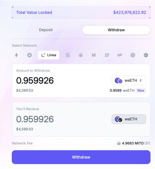 .<a href="/MitosisOrg/">Mitosis</a>  Migrate-Withdraw Nasıl Yapılır ?
-Mitosis expedition a kitlediğimiz $ETH lar withdrawa açıldı.
Öncelikle buradan migration yapmanız gerekiyor.
app.mitosis.org/migration
-Migrate ederken fee için küsüratı sildim.
Ben linea ağında kitlemiştim weETH a migrate et dedim.