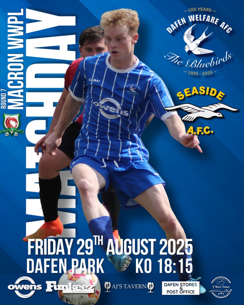 We welcome <a href="/SEASIDEAFC/">Seaside AFC</a> to Dafen Park this Friday 29th August. KO 6:15pm. Food available by Y Bocs Tatws. £3 entry including match programme ⚽️