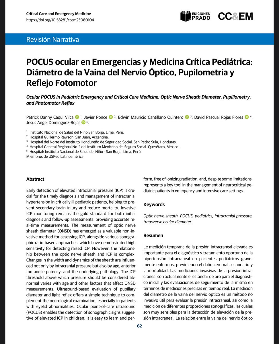 DiegoEscarraman's tweet photo. POCUS en emergencias y medicina crítica pediátrica
#SMMCE @CC_EmergencyM 

No te puedes perder esta gran revisión
Si quieres aprender más sobre 
* Diámetro de la vaina del nervio óptico
* Pupilometría 
* Reflejo fotomotor 

Este revisión es para ti
Descárgala totalmente gratis 

https://t.co/yyqhJ7arnI