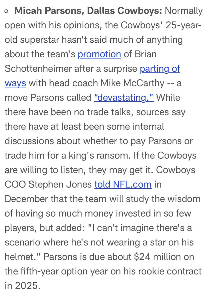 Tom Pelissero (@tompelissero) on Twitter photo The #Cowboys had internal discussions about trading Micah Parsons dating back to last year, as <a href="/RapSheet/">Ian Rapoport</a> and I reported on Super Bowl Sunday.
Today, in one of the most stunning trades in recent NFL history, it became a reality.
From February: The #Cowboys had internal discussions about trading Micah Parsons dating back to last year, as <a href="/RapSheet/">Ian Rapoport</a> and I reported on Super Bowl Sunday.
Today, in one of the most stunning trades in recent NFL history, it became a reality.
From February: