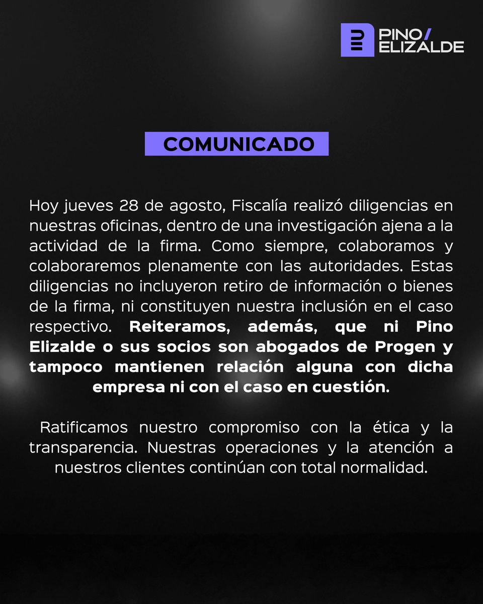 Informamos a la opinión pública que ni la firma ni sus socios guardan vínculo alguno con la empresa Progen ni con el caso Apagón.

#PinoElizalde