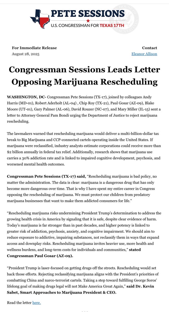 learnaboutsam's tweet image. Breaking: New letter from Members of Congress urging AG Pam Bondi to reject rescheduling marijuana.

W/ @PeteSessions, House GOP Leadership @RepBlakeMoore, and appropriations subcommittee chairs @Robert_Aderholt, and @RepAndyHarrisMD (also a member of @freedomcaucus.

See…