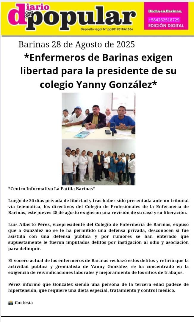 Desde el Colegio de Enfermería del DC nos unimos a la justa petición del Gremio de Enfermería de Barinas y familiares de la Lcda Yanny González, presidente del colegio de enfermería Barinas.
<a href="/MinpublicoVEN/">Ministerio Público venezolano</a> <a href="/TarekWiliamSaab/">Tarek William Saab</a> 

#LiberenAYannyGonzalez 
#EnfermeriaUnida
#DebidoProceso