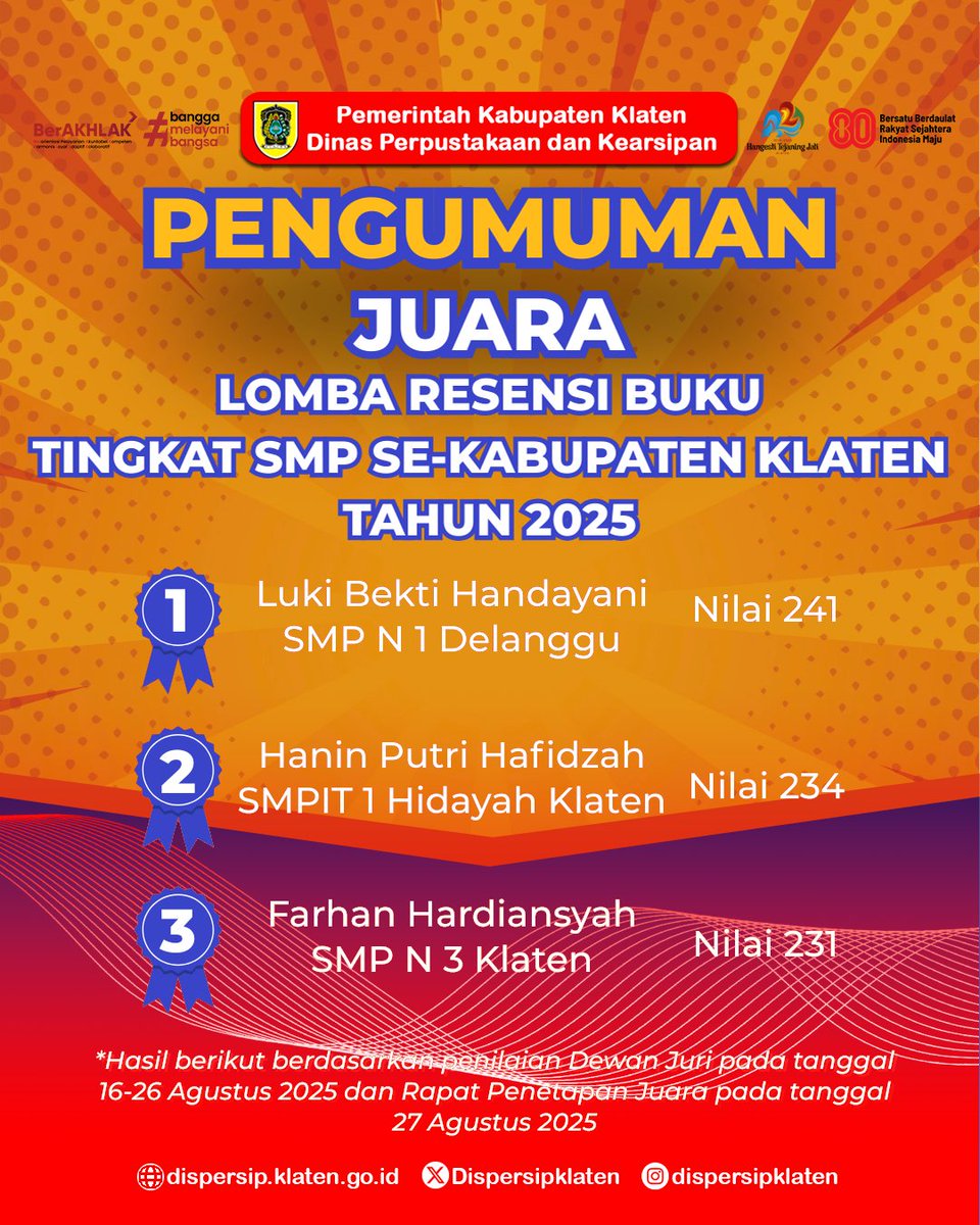 Dengan bangga kami umumkan hasil Lomba Resensi Buku SMP se-Kab Klaten 2025. 

Setelah penilaian 16–26 Agustus &amp; rapat penetapan 27 Agustus, terpilih 3 juara terbaik dari resensi Buku Laskar Pelangi karya Andrea Hirata. 

Selamat kepada para pemenang atas prestasi yang diraih!