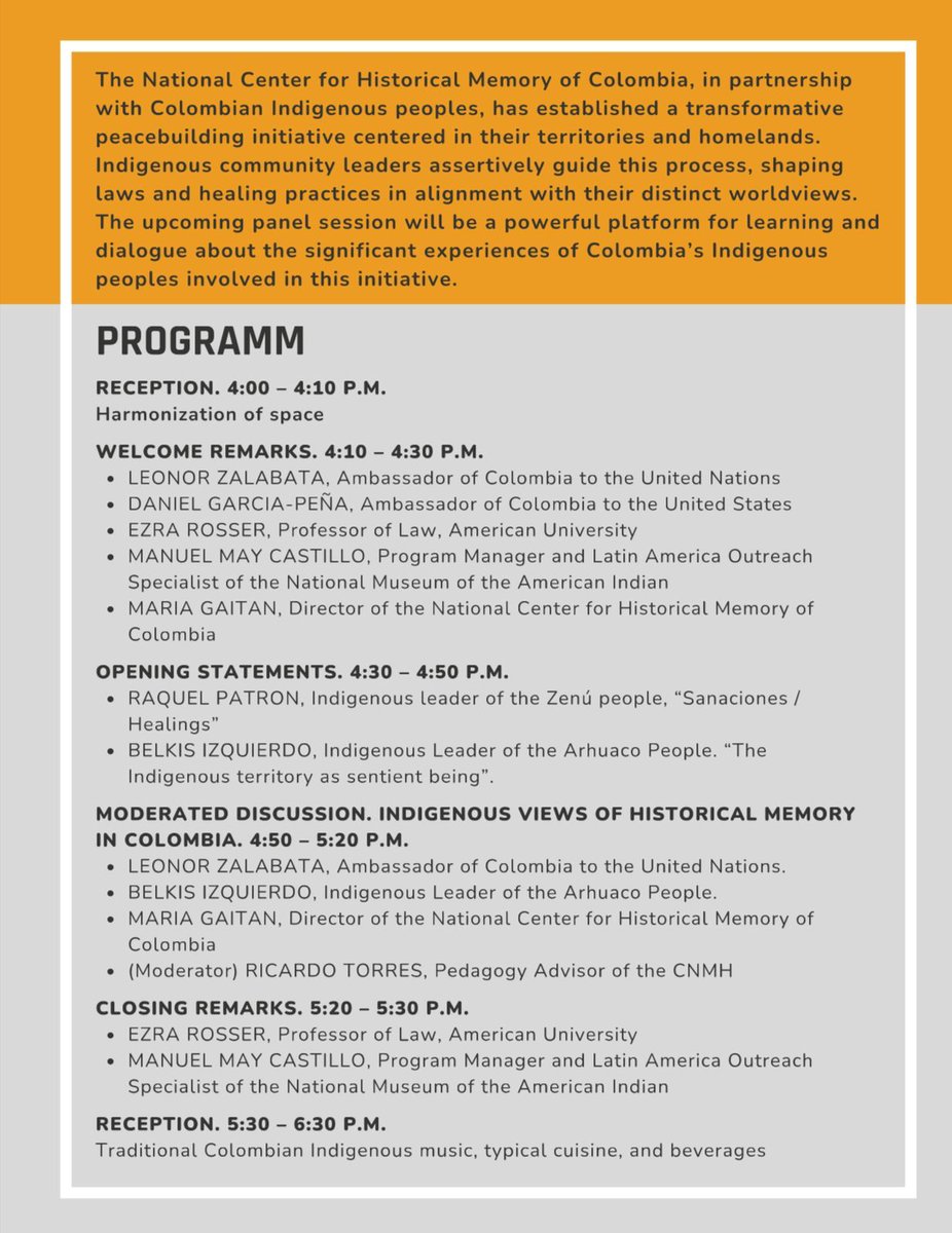 Next week, Colombia will bring its experience of law, healing, and memory to Washington, D.C. Join <a href="/CentroMemoriaH/">Centro Nacional de Memoria Histórica</a>, <a href="/SmithsonianNMAI/">National Museum of the American Indian</a>, and <a href="/AUWCL/">American University Washington College of Law</a>, along with Indigenous leaders, for a conversation on the role of ancestral knowledge in shaping peace and justice.
🔗 RSVP