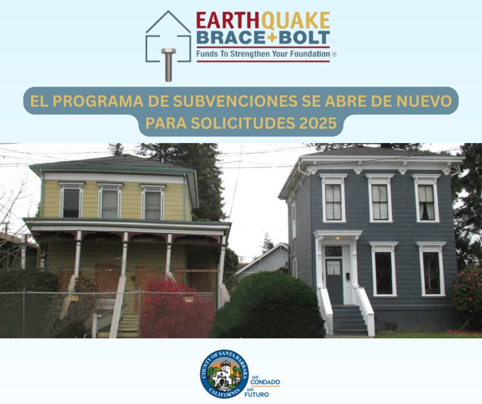 Earthquake Brace + Bolt Grant Program se abre nuevamente para solicitudes de 2025. El programa de subvenciones se expande a los alquileres.

Los propietarios elegibles pueden registrarse para obtener una subvención de modernización en EarthquakeBraceBolt.com.