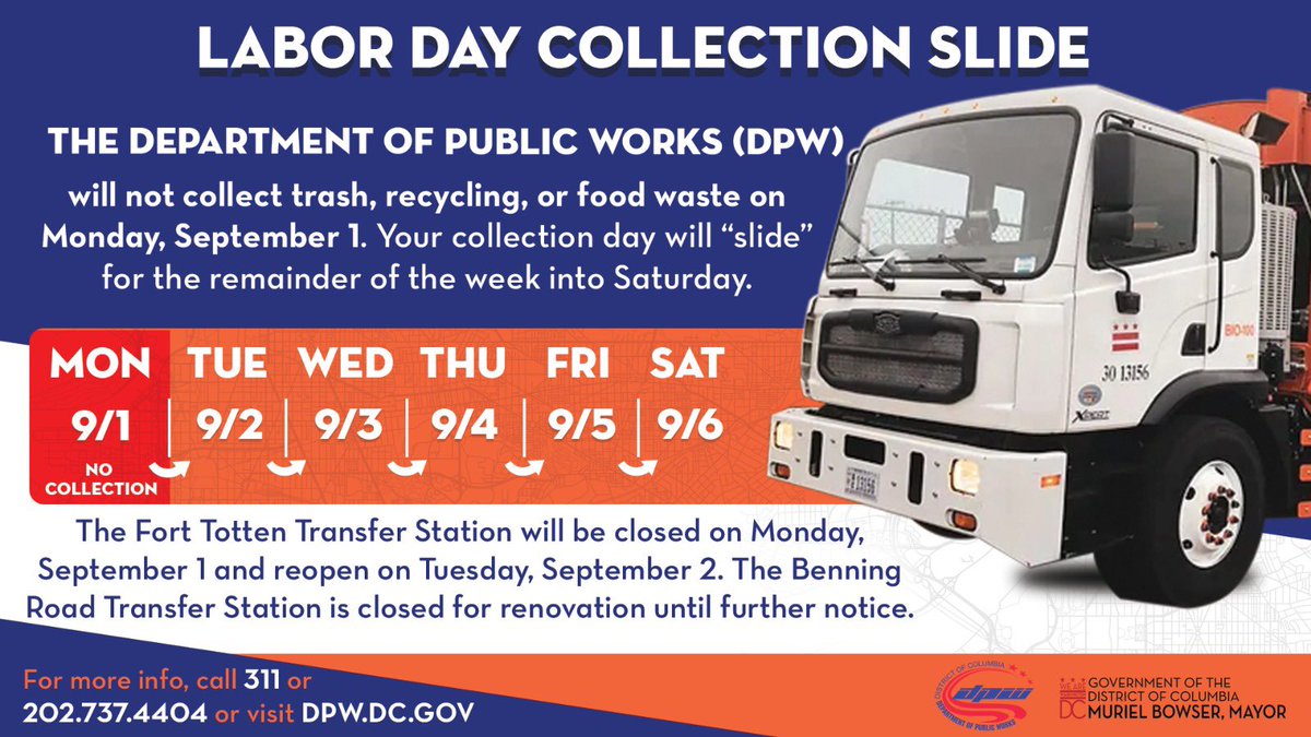 Mayor Muriel Bowser (@mayorbowser) on Twitter photo Reminder: In observance of Labor Day, <a href="/DCDPW/">DC Department of Public Works</a> will "slide" household trash and recycling collections to the next day.
Learn more ➡️tinyurl.com/DCLaborDay2025 Reminder: In observance of Labor Day, <a href="/DCDPW/">DC Department of Public Works</a> will "slide" household trash and recycling collections to the next day.
Learn more ➡️tinyurl.com/DCLaborDay2025