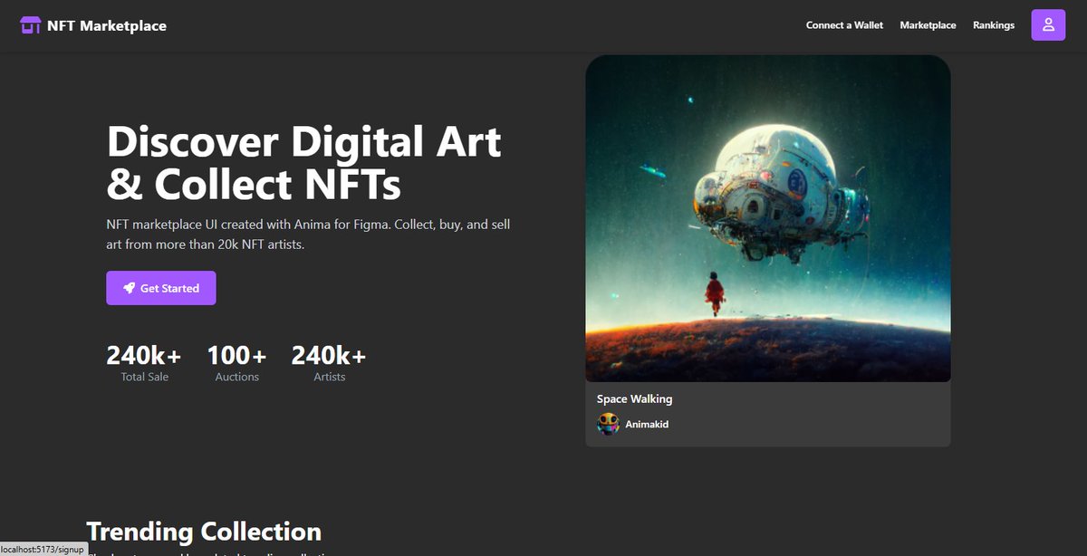 Expensive__Code's tweet image. Currently building my NFT Marketplace Website
Still in progress, but here’s a sneak peek
✅ Account creation page
✅ Wallet connect feature
✅ Dark, modern UI
Excited to keep pushing this forward
#NFT #Web3 #React #fullstack