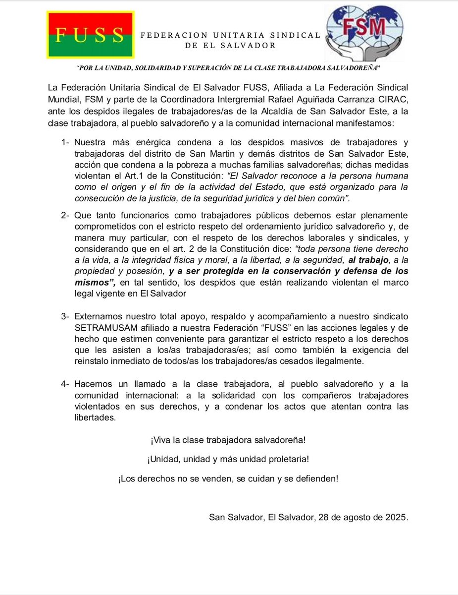 Pronunciamiento de la <a href="/FussSv/">FUSS</a> ante las travez violacionas a los derechos humanos que son víctima los trabajadores de #AlcaldiaDeSanSalvadorEste